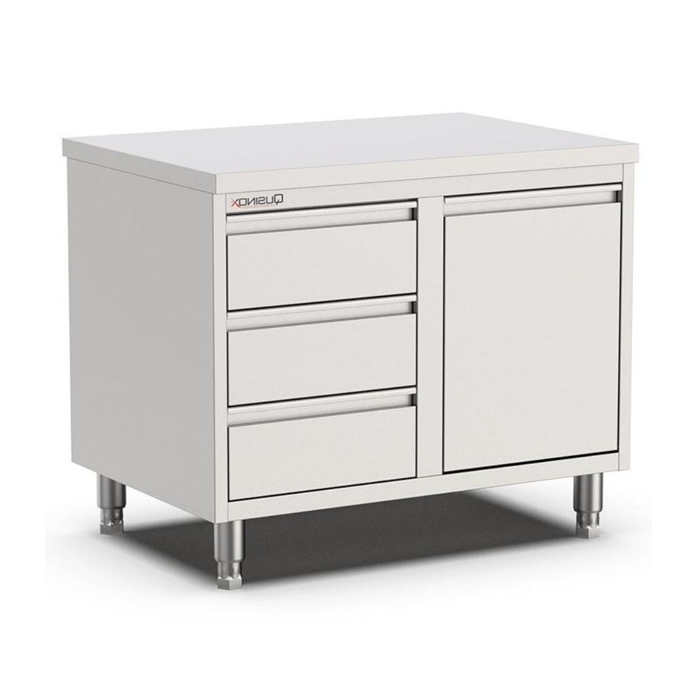 Edelstahl Schubladenschrank, 800x700x900mm, mit 3 Schubladen links und Kipptür Qusinox