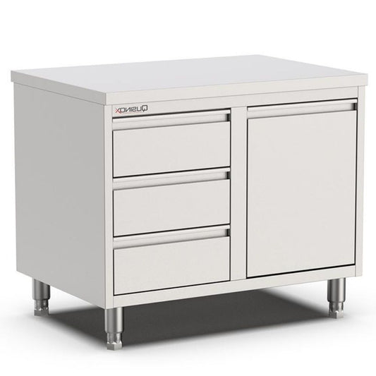 Edelstahl Schubladenschrank, 1000x700x900mm, mit 3 Schubladen links und Kipptür Qusinox
