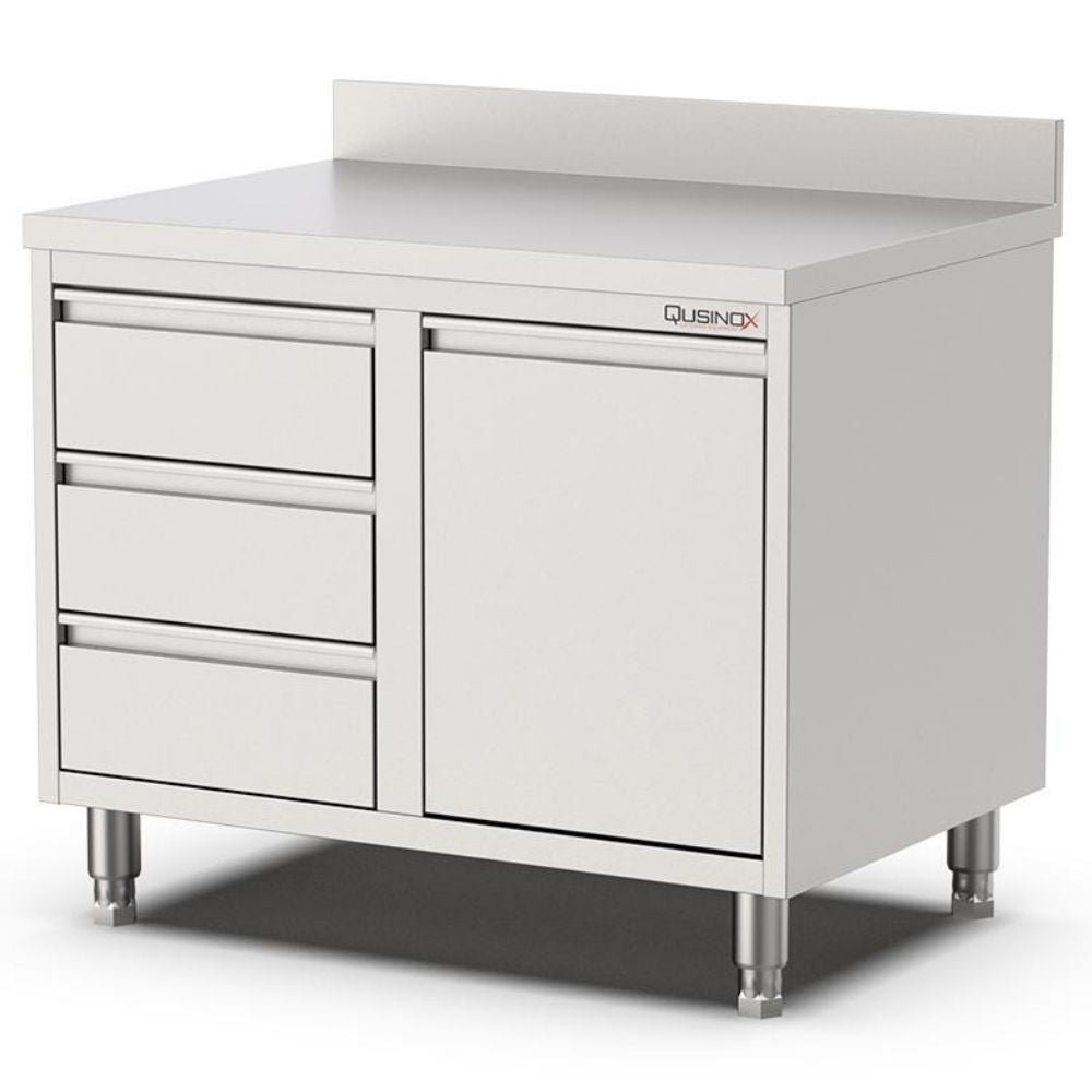 Edelstahl Schubladenschrank, 800x600x900mm, mit 3 Schubladen links, Kipptür und Aufkantung Qusinox