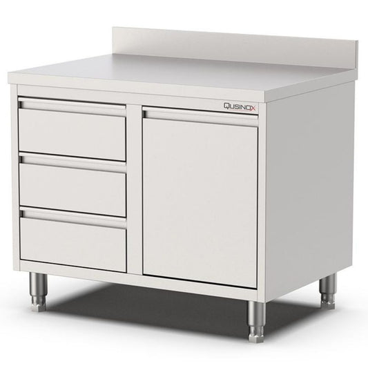 Edelstahl Schubladenschrank, 800x700x900mm, mit 3 Schubladen links, Kipptür und Aufkantung Qusinox