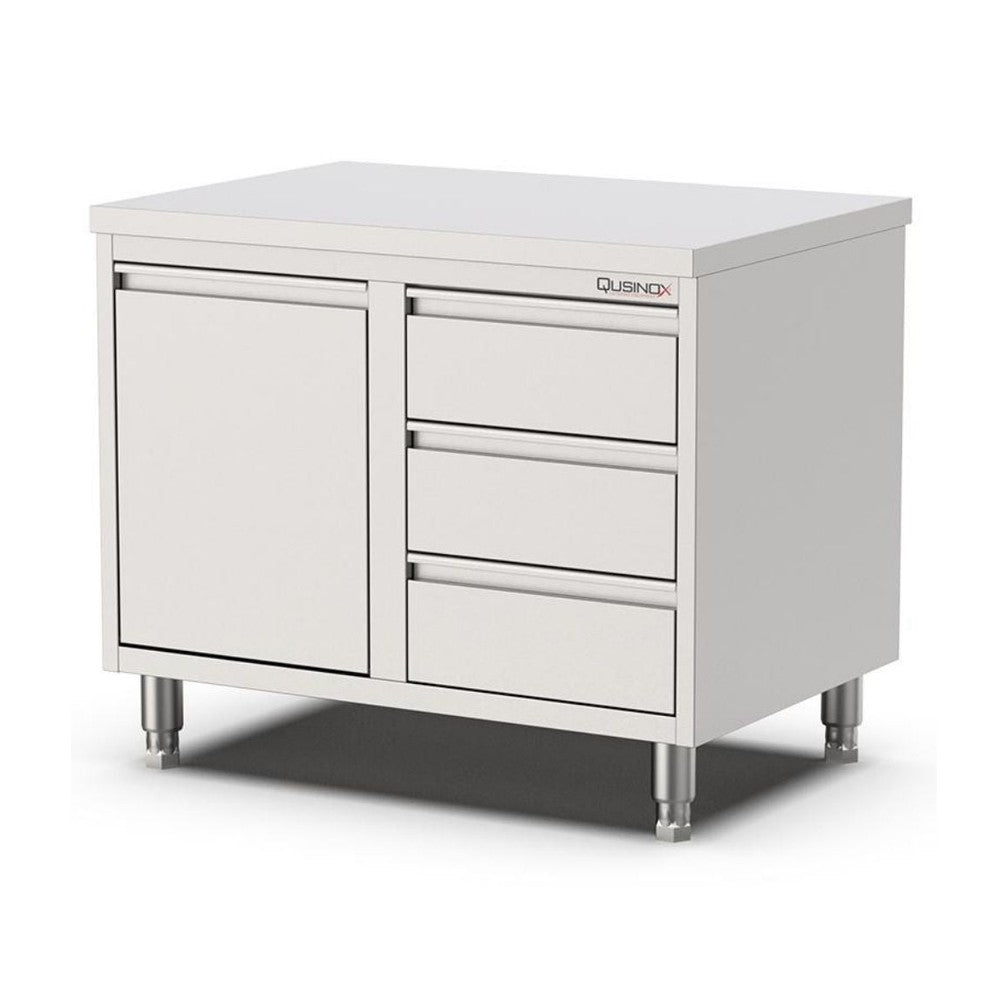 Edelstahl Schubladenschrank, 800x600x900mm, mit 3 Schubladen rechts und Kipptür Qusinox