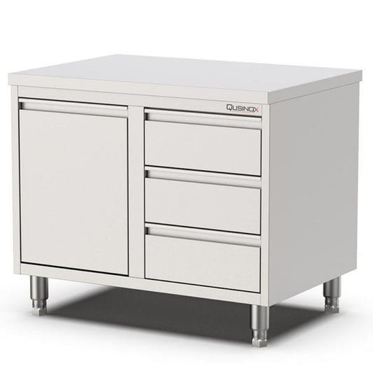 Edelstahl Schubladenschrank, 800x700x900mm, mit 3 Schubladen rechts und Kipptür Qusinox