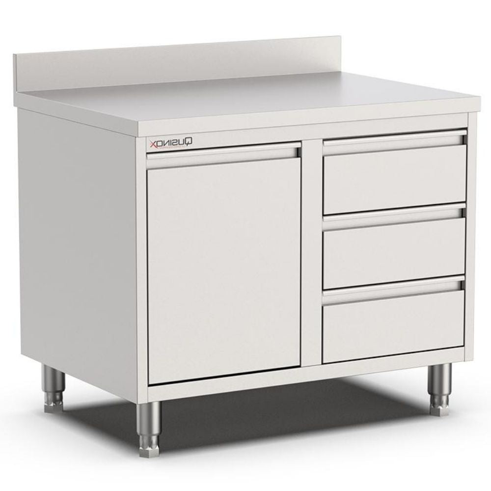 Edelstahl Schubladenschrank, 800x600x900mm, mit 3 Schubladen rechts, Kipptür und Aufkantung Qusinox