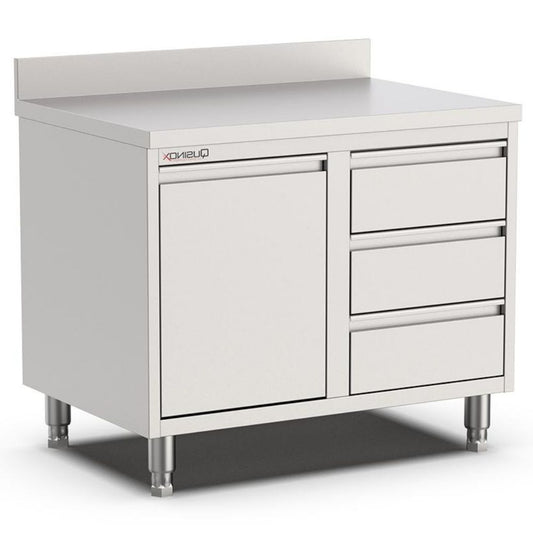 Edelstahl Schubladenschrank, 1000x600x900mm, mit 3 Schubladen rechts, Kipptür und Aufkantung Qusinox