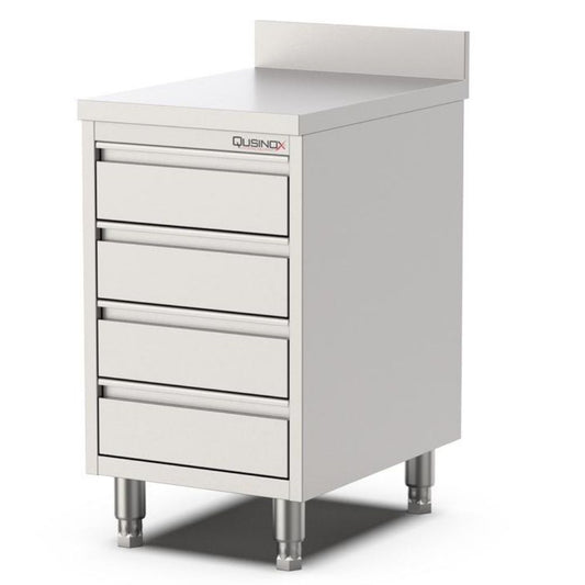 Edelstahl Schubladenschrank, 500x600x900mm, mit 4 Schubladen und Aufkantung Qusinox