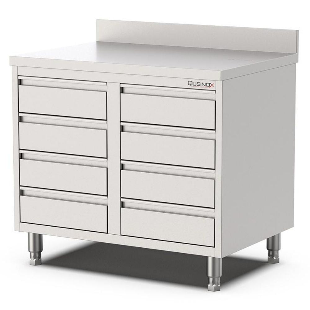 Edelstahl Schubladenschrank, 1000x600x900mm, mit 8 Schubladen und Aufkantung Qusinox