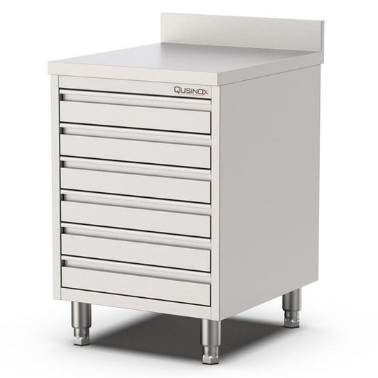 Edelstahl Schubladenschrank, 600x700x900mm, mit 6 Schubladen und Aufkantung Qusinox