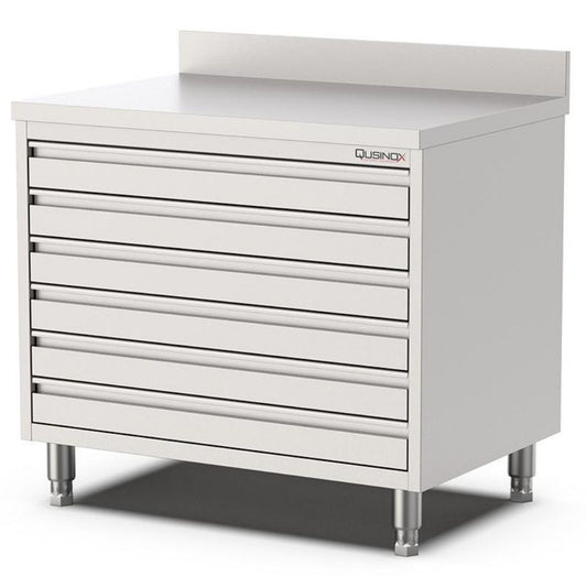 Edelstahl Schubladenschrank, 1000x700x900mm, mit 6 Schubladen und Aufkantung Qusinox