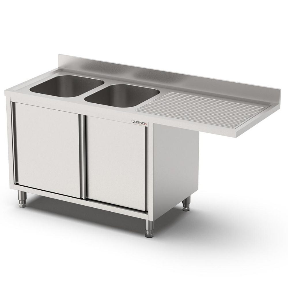 Spülmaschinenschrank, 2000x700x900mm, mit 2 Becken links, Flügeltüren und Aufkantung Qusinox