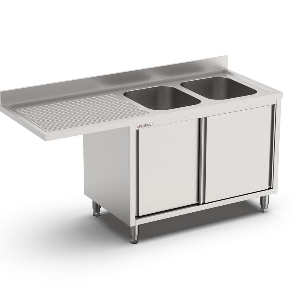 Spülmaschinenschrank, 2000x700x900mm, mit 2 Becken rechts, Flügeltüren und Aufkantung Qusinox