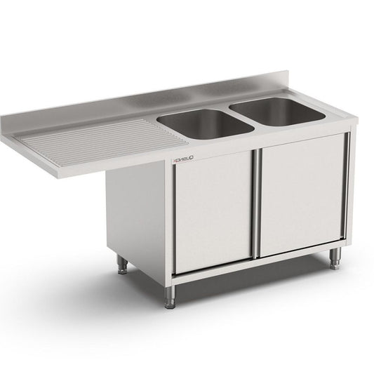 Spülmaschinenschrank, 2000x700x900mm, mit 2 Becken rechts, Flügeltüren und Aufkantung Qusinox