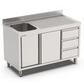 Spülschrank, 1000x700x900mm, mit 1 Becken links, 3 Schubladen, Schiebetüren und Aufkantung Qusinox
