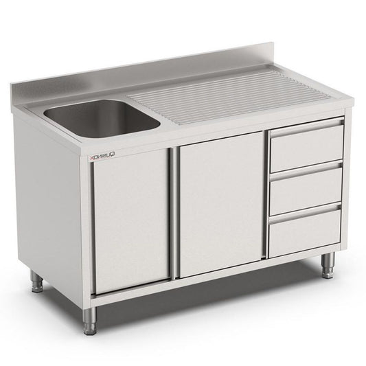 Spülschrank, 1000x700x900mm, mit 1 Becken links, 3 Schubladen, Schiebetüren und Aufkantung Qusinox