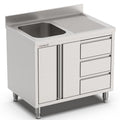 Spülschrank, 1000x700x900mm, mit 1 Becken links, 3 Schubladen, Flügeltüren und Aufkantung Qusinox