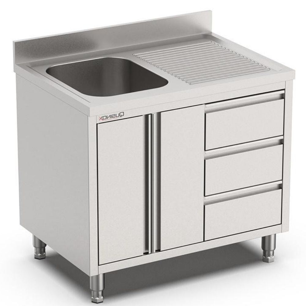 Spülschrank, 1000x700x900mm, mit 1 Becken links, 3 Schubladen, Flügeltüren und Aufkantung Qusinox