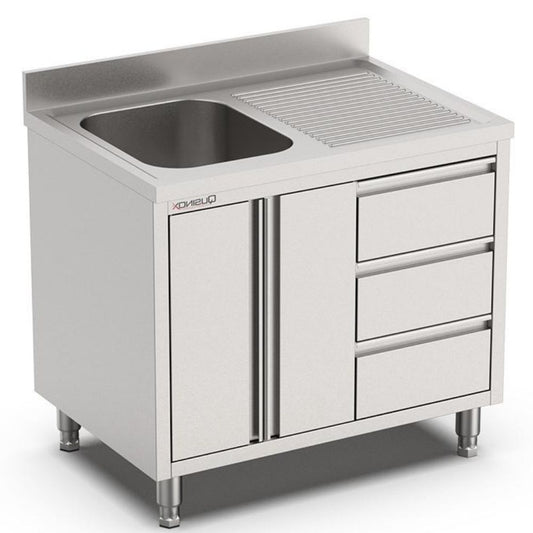 Spülschrank, 1000x700x900mm, mit 1 Becken links, 3 Schubladen, Flügeltüren und Aufkantung Qusinox
