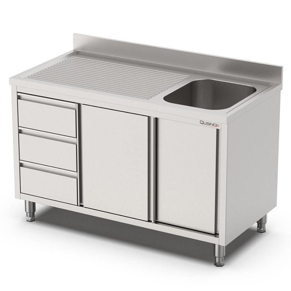 Spülschrank, 1000x700x900mm, mit 1 Becken rechts, 3 Schubladen, Schiebetüren und Aufkantung Qusinox