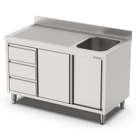 Spülschrank, 1000x700x900mm, mit 1 Becken rechts, 3 Schubladen, Schiebetüren und Aufkantung Qusinox