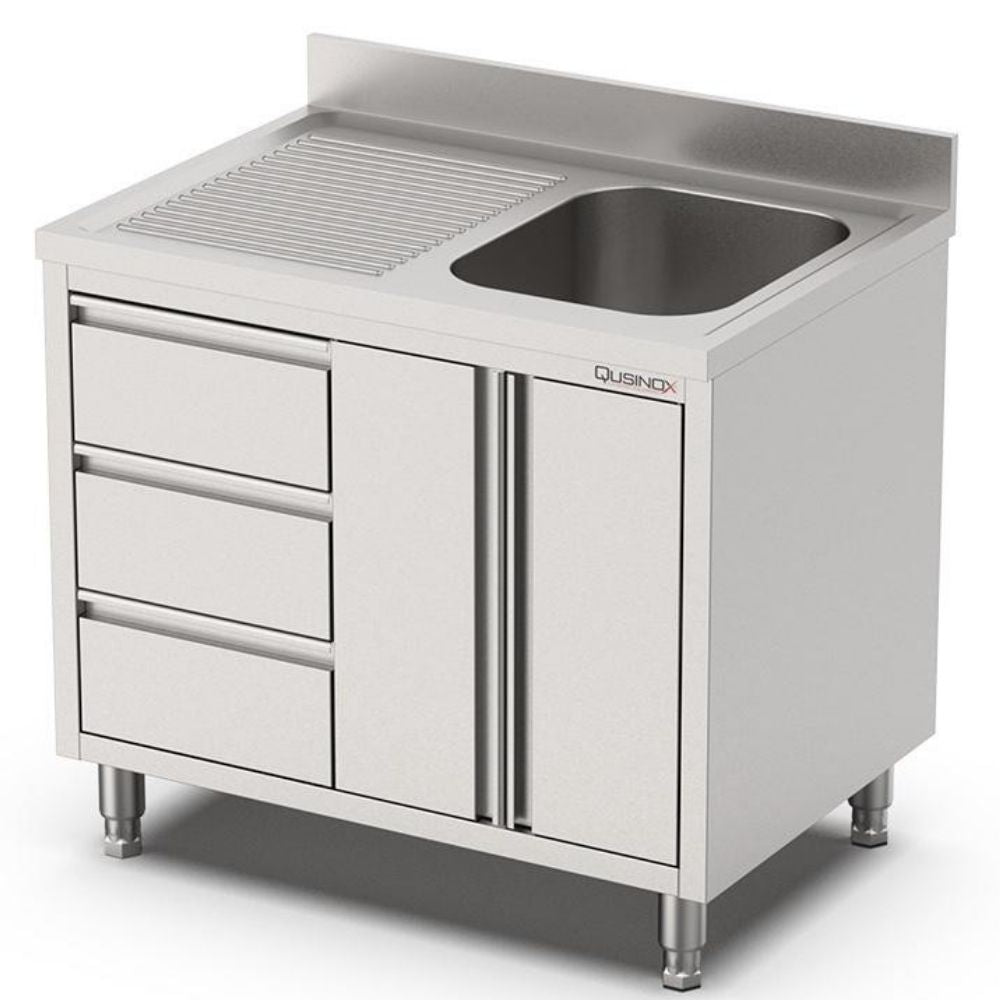 Spülschrank, 1000x700x900mm, mit 1 Becken rechts, 3 Schubladen, Flügeltüren und Aufkantung Qusinox