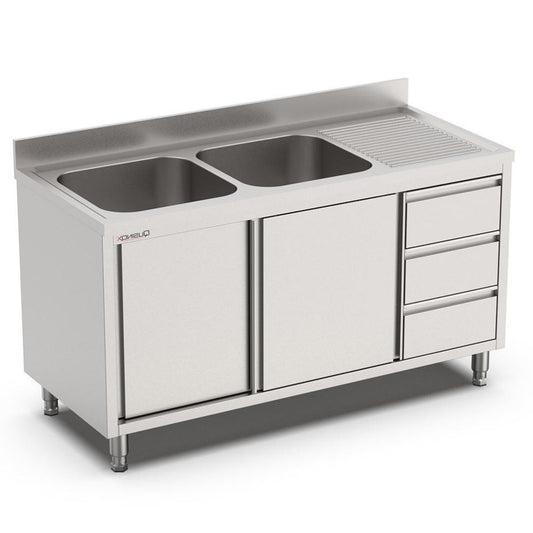 Spülschrank, 1600x700x900mm, mit 2 Becken links, 3 Schubladen, Schiebetüren und Aufkantung Qusinox