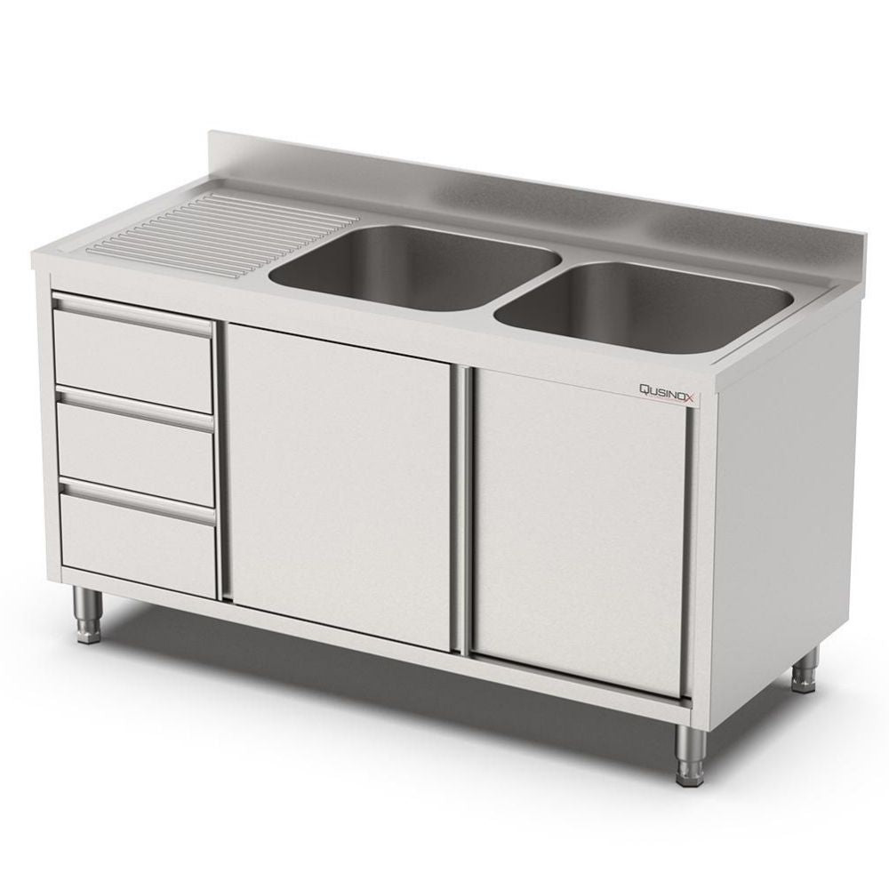 Spülschrank, 1800x700x900mm, mit 2 Becken rechts, 3 Schubladen, Schiebetüren und Aufkantung Qusinox
