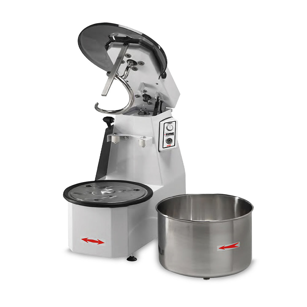 GMG - Teigknetmaschine 62Lt. / 50Kg 400V - Hebbarer Kopf und Herausnehmbarer Kessel - Spirale, Teigteiler und Wanne aus Edelstahl GMG