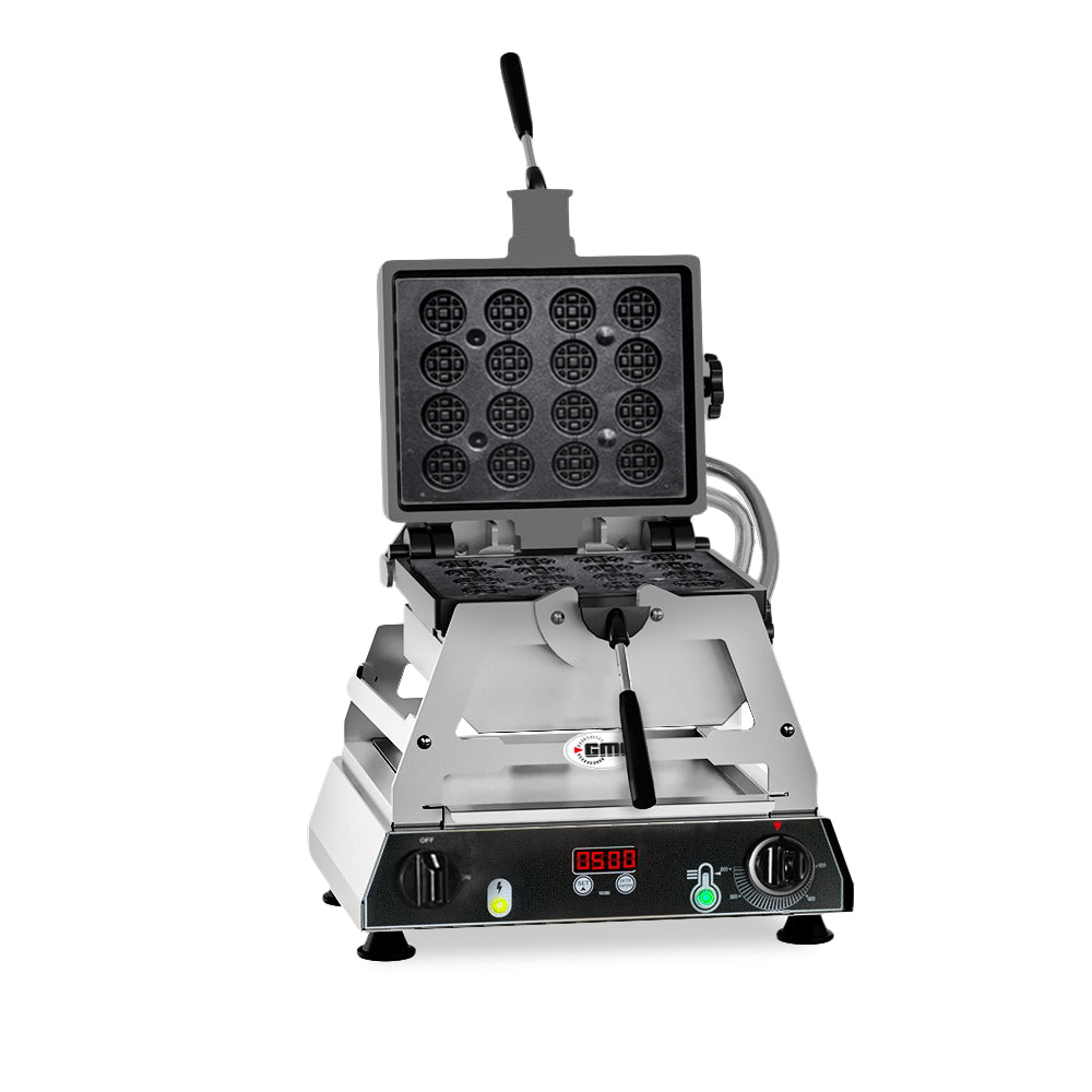 GMG - Waffeleisen Rondo - 16x Durchmesser 5cm - Wechselbare Backplatte aus Gusseisen - 180° drehbar - 50° bis 300°C - Gehäuse Edelstahl - mit Timer GMG