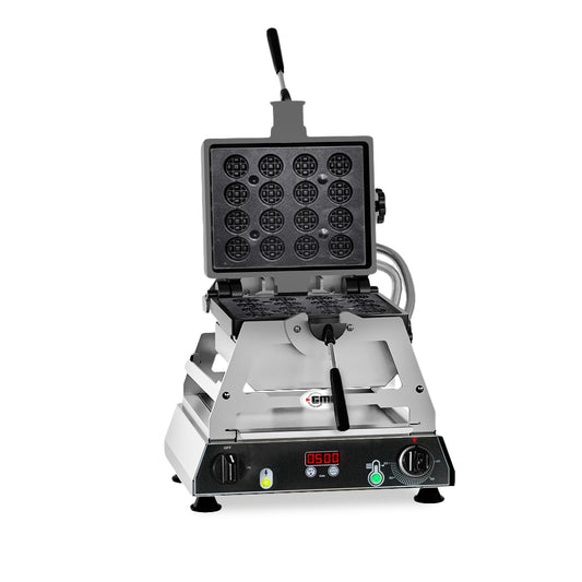 GMG - Waffeleisen Rondo - 16x Durchmesser 5cm - Wechselbare Backplatte aus Gusseisen - 180° drehbar - 50° bis 300°C - Gehäuse Edelstahl - mit Timer GMG